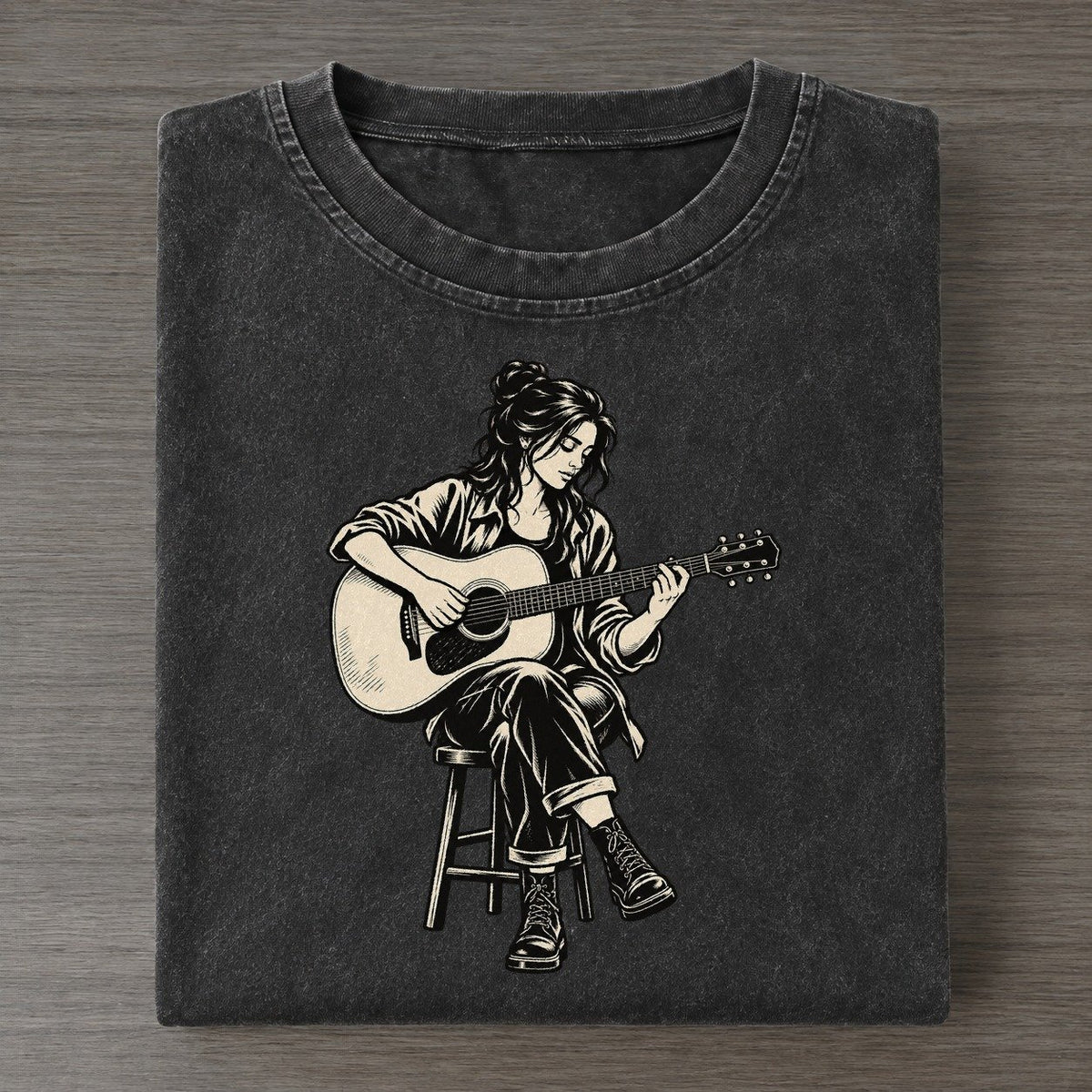 Acoustic Guitar Fingerpicked Passage Global Music Ink Figures Vintage T-shirt – Black
