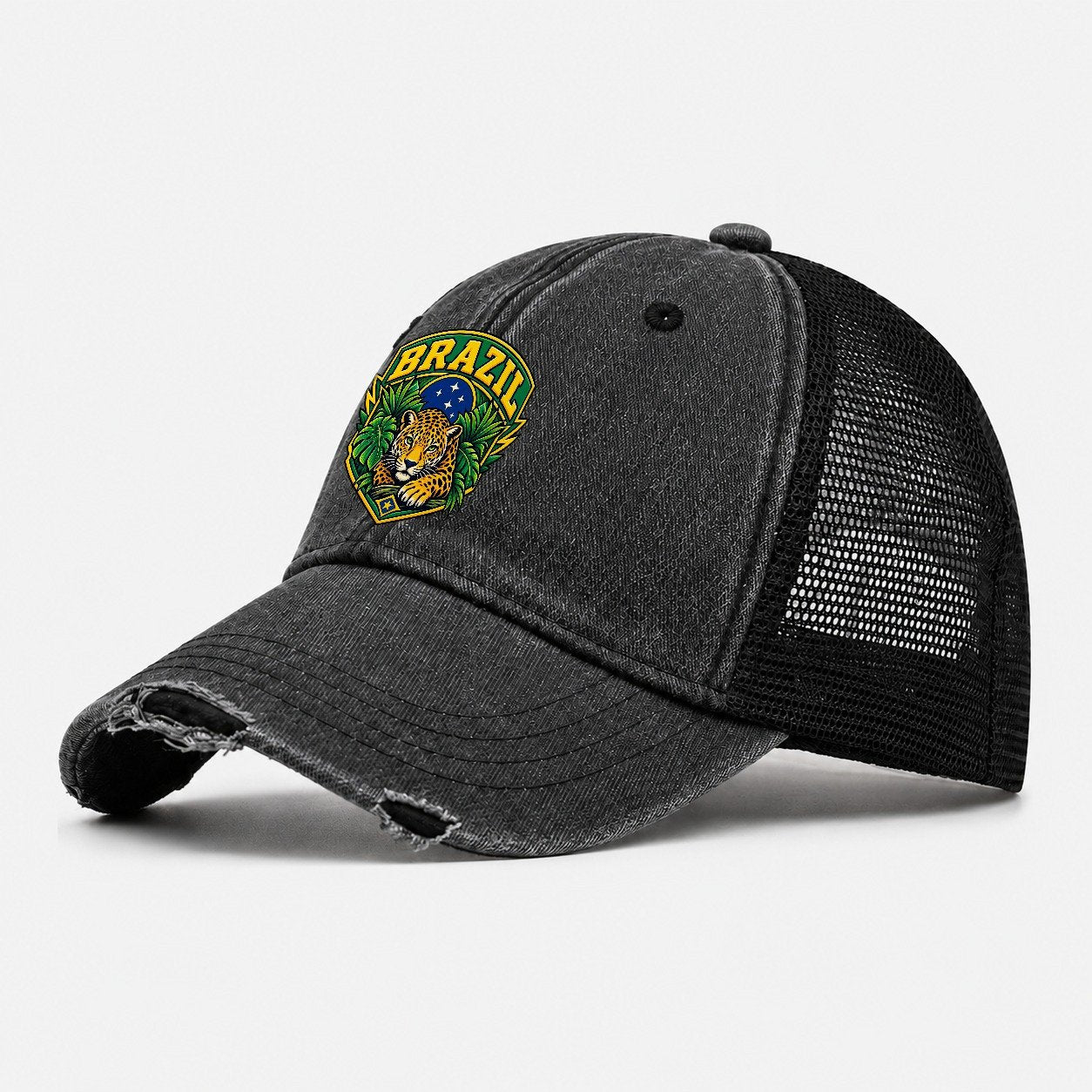 Brazil Retro Badge Country Logos Washed Trucker Hat – Black