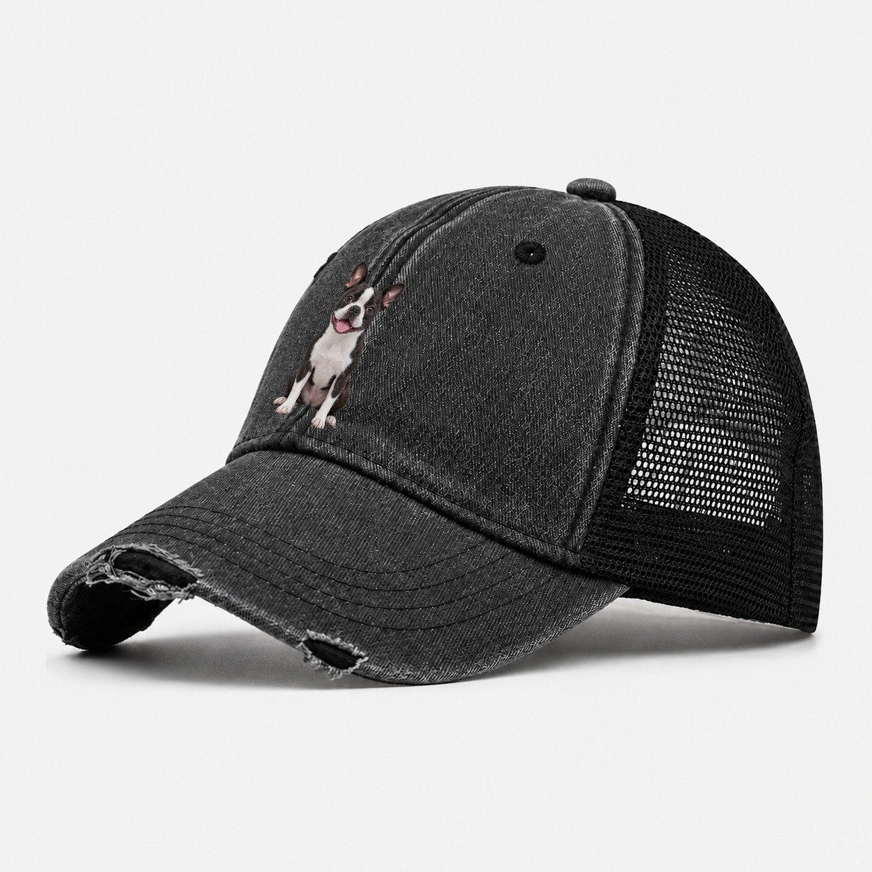 Boston Terrier Sitting Top Breeds Washed Trucker Hat – Black