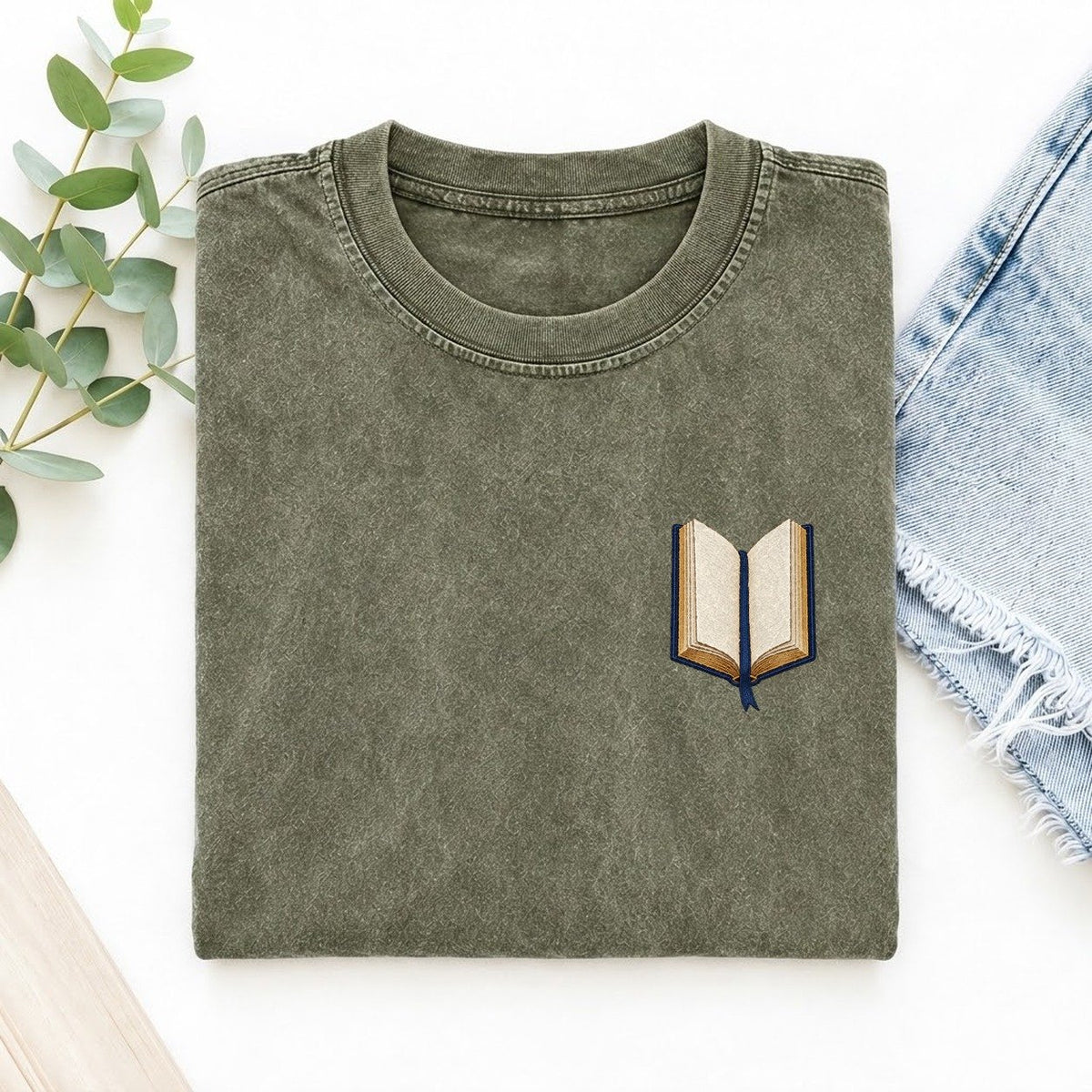 Open Book Symbol Emblems Left Chest Vintage T-shirt – Army Green