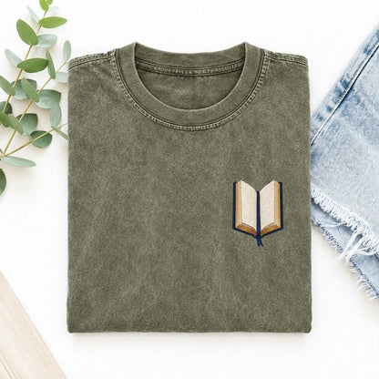 Open Book Symbol Emblems Left Chest Vintage T-shirt – Army Green