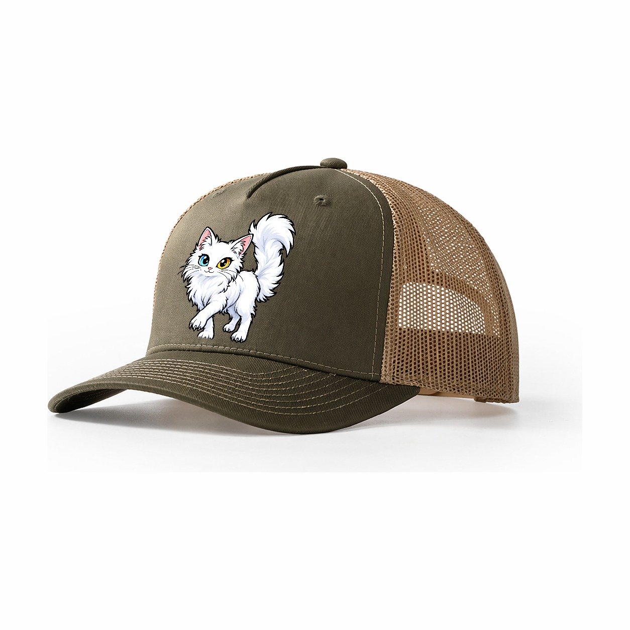 Turkish Angora Tail Up Peeking Cats Trucker Hat – Olive Khaki
