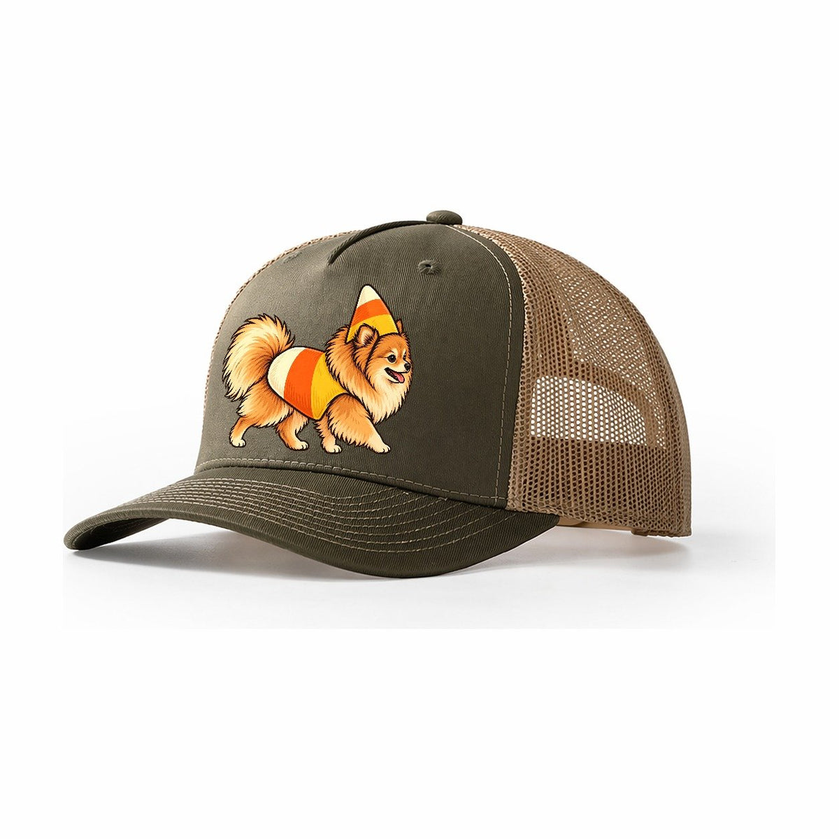 One Pomeranian In Halloween Costume Candy Corn Costume Tri Color Pointed Cone Halloween Dog Parade Trucker Hat – Olive Khaki