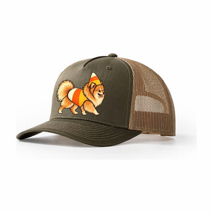One Pomeranian In Halloween Costume Candy Corn Costume Tri Color Pointed Cone Halloween Dog Parade Trucker Hat – Olive Khaki