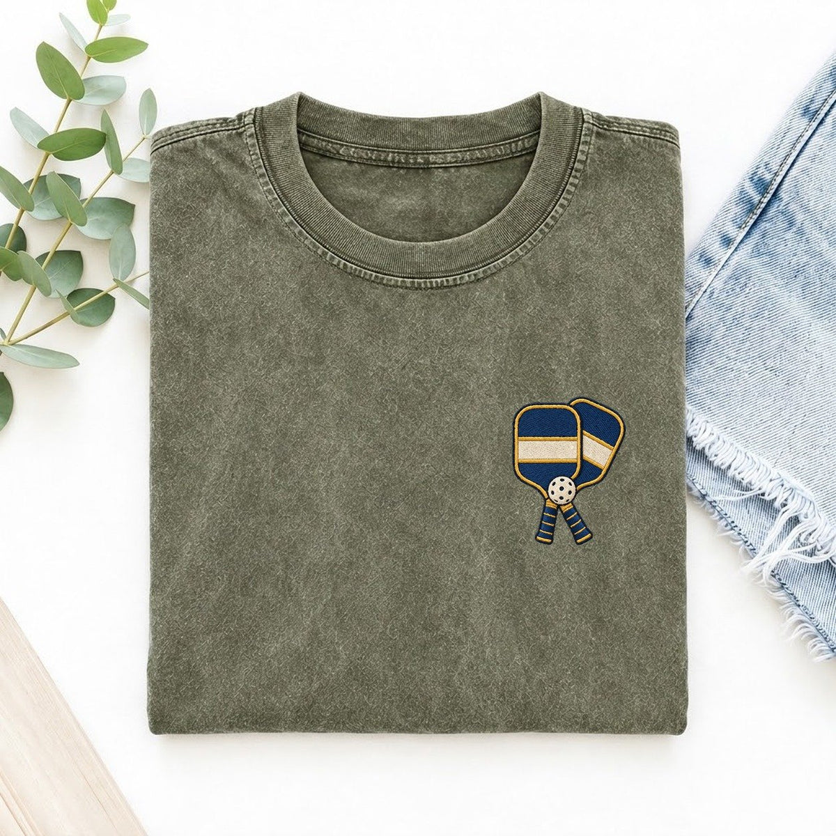 Pickleball Paddles Symbol Emblems Left Chest Vintage T-shirt – Army Green