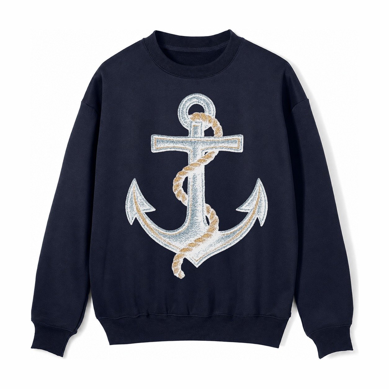 Anchor And Rope Nautical Illustration Fleece Sweatshirt – Navy Blue