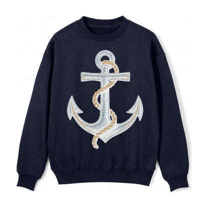 Anchor And Rope Nautical Illustration Fleece Sweatshirt – Navy Blue