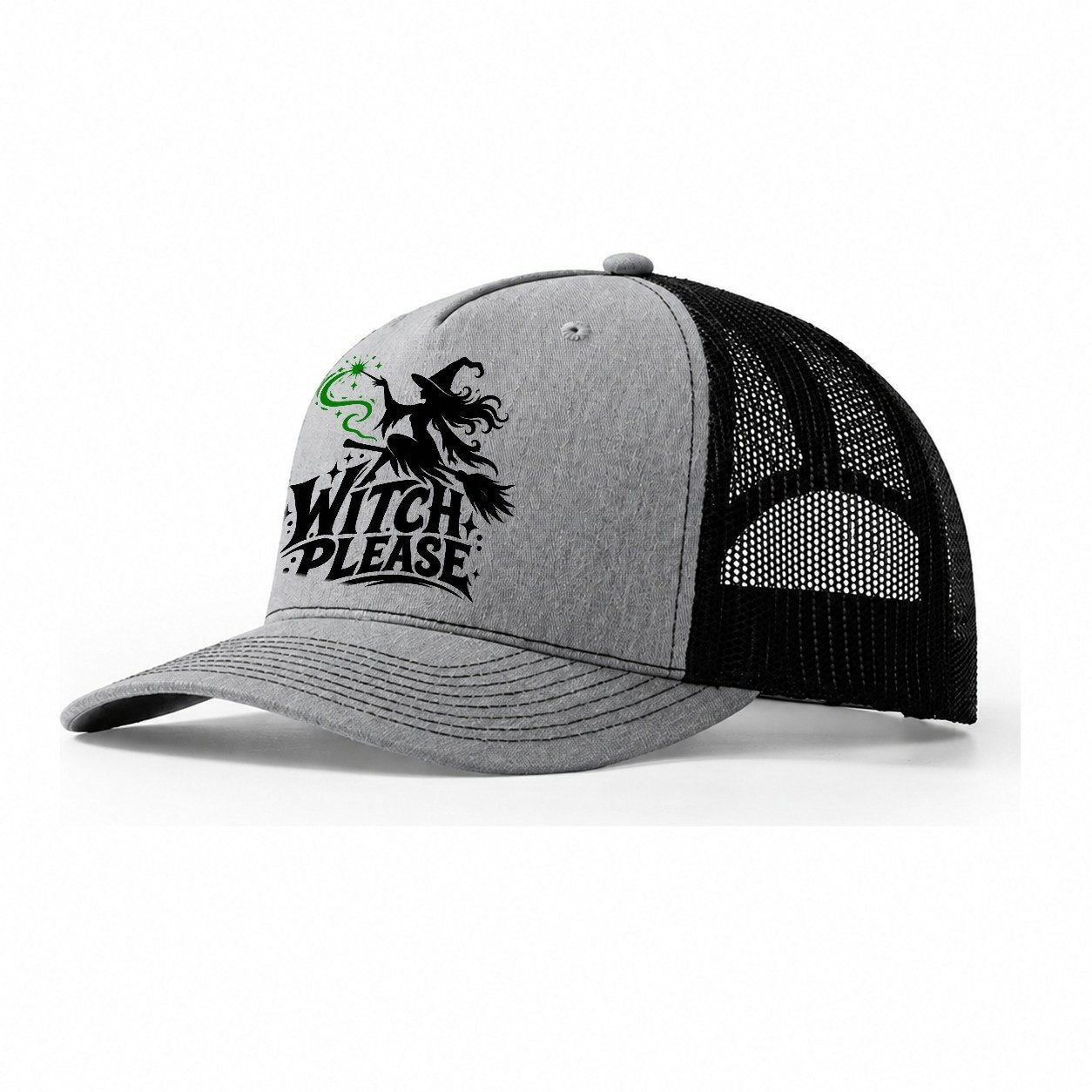 Witch Please Slogan Witch Magic Trucker Hat – Sport Grey Black