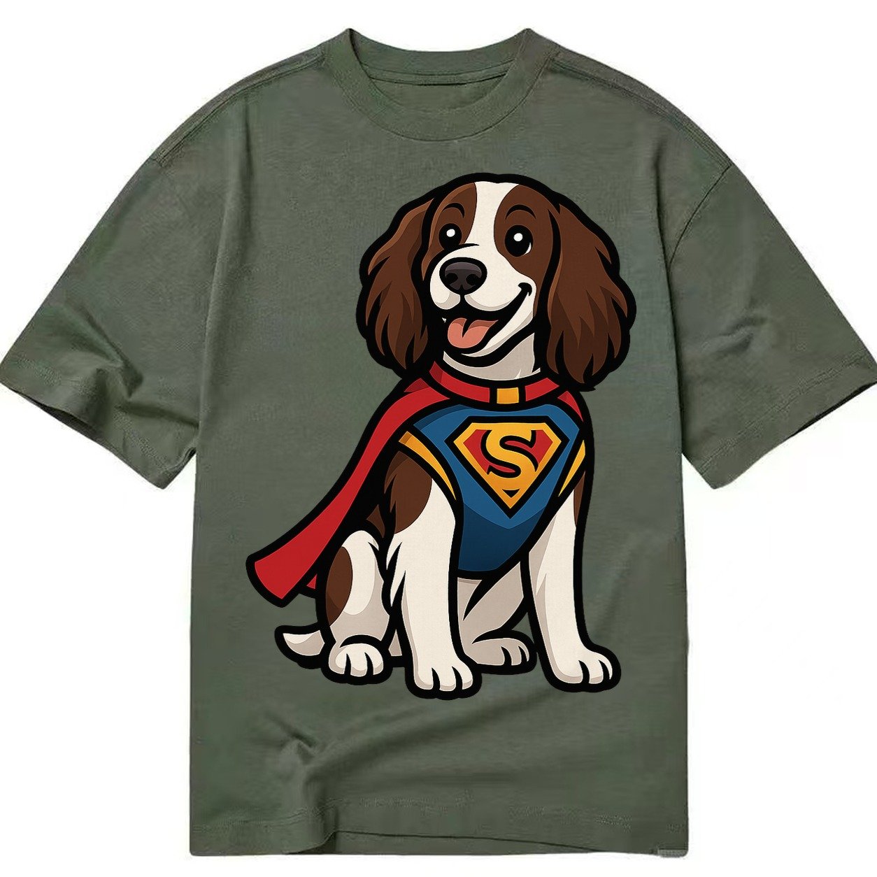 Springer Spaniel Friendly Hero Sitting Attentive With Paws V Classic T-shirt – Army Green