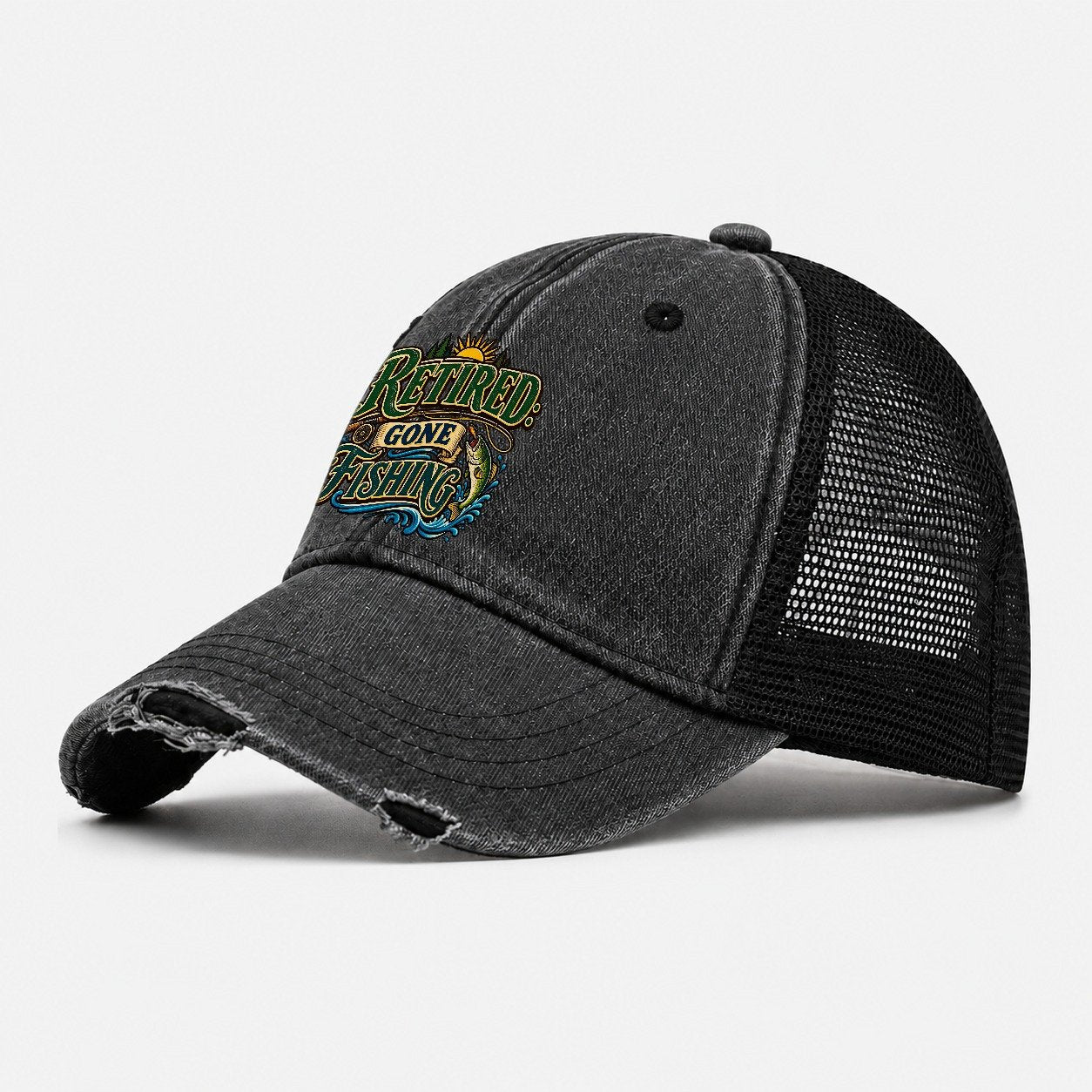 Retired Gone Fishing Retired Living Washed Trucker Hat – Black