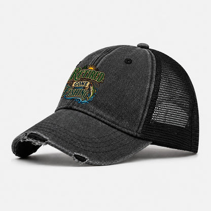 Retired Gone Fishing Retired Living Washed Trucker Hat – Black