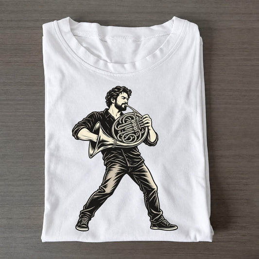 Horn Player Bright Phrase Global Music Ink Figures Classic T-shirt – White