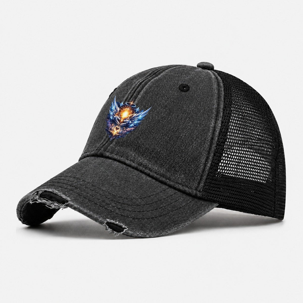 Robotic Hands Glowing Orb Washed Trucker Hat – Black