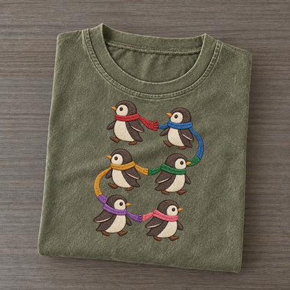 Penguins With Scarves Single File Vintage T-shirt – Army Green