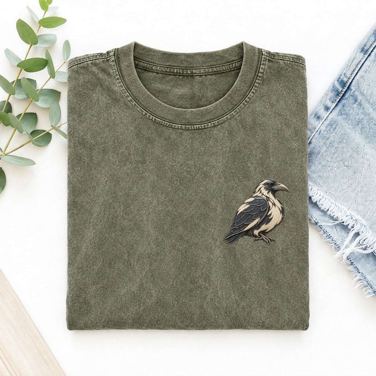 Raven Folded Pinion Keepsake Emblem Left Chest Vintage T-shirt – Army Green