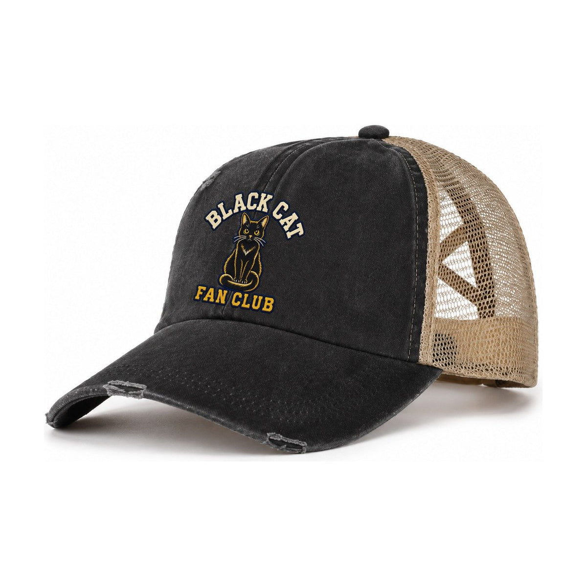 Black Cat Fan Club Women's Ponytail Trucker Hat – Washed Black Khaki