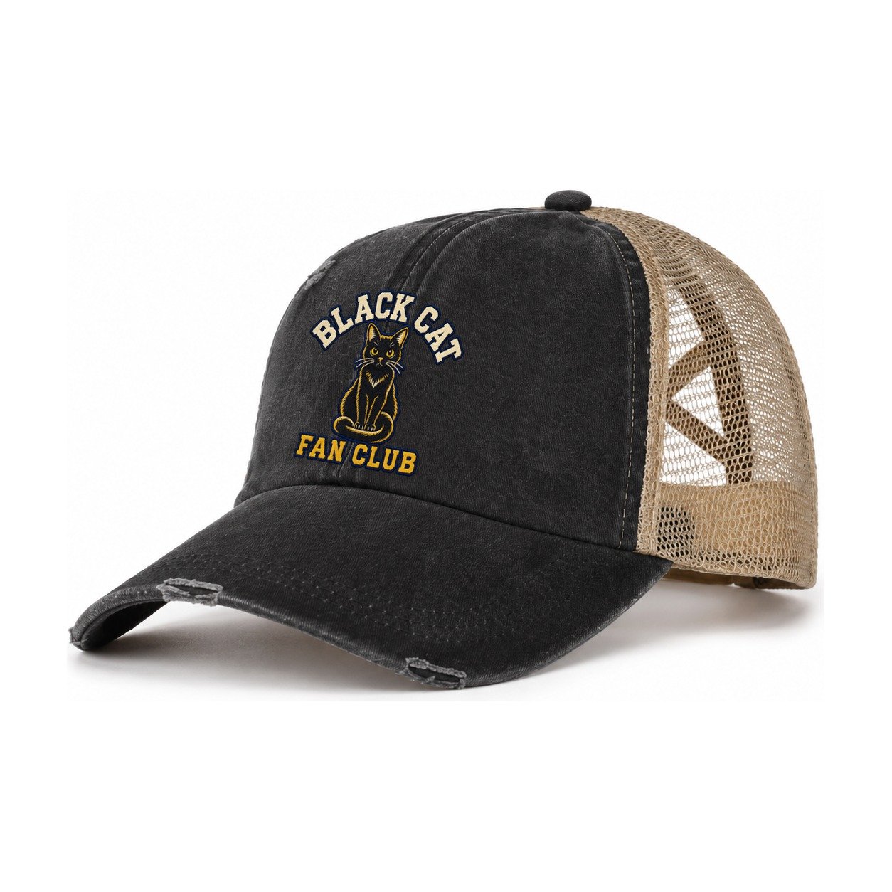 Black Cat Fan Club Women's Ponytail Trucker Hat – Washed Black Khaki