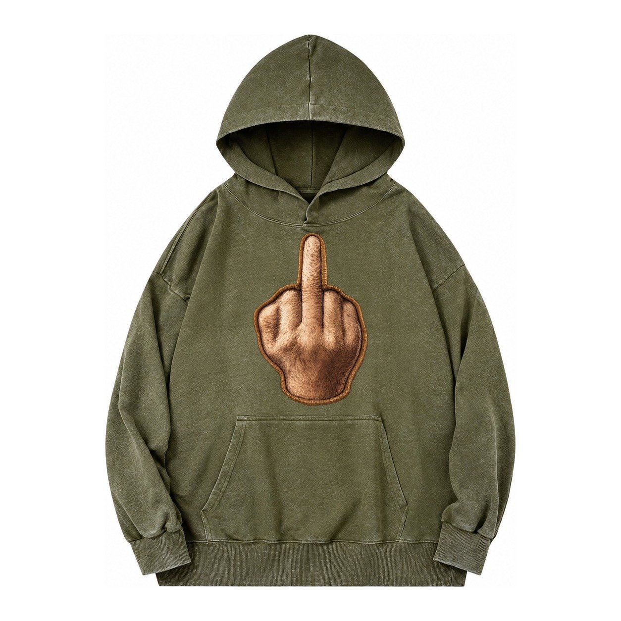 Middle Finger Hand Gesture In Skin Tone Attitude Vintage Washed Hoodie – Army Green