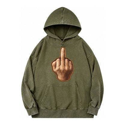 Middle Finger Hand Gesture In Skin Tone Attitude Vintage Washed Hoodie – Army Green