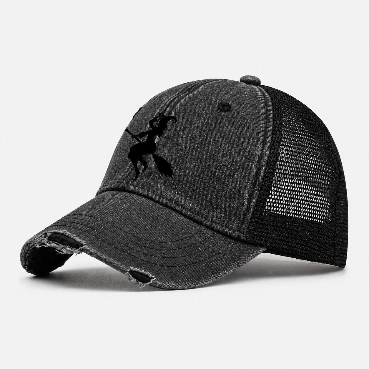 Enchanting Witch On Broom Washed Trucker Hat – Black