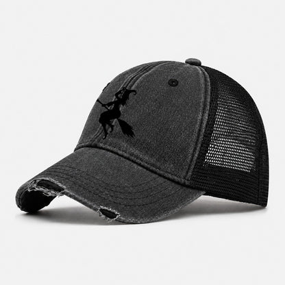 Enchanting Witch On Broom Washed Trucker Hat – Black