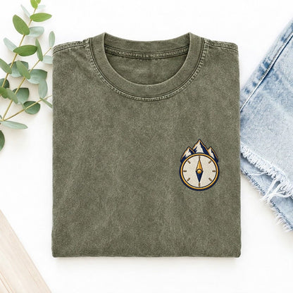 Mountain Compass Symbol Emblems Left Chest Vintage T-shirt – Army Green