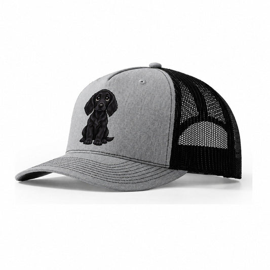 Flat Coated Retriever Sitting Sweetheart Trucker Hat – Sport Grey Black