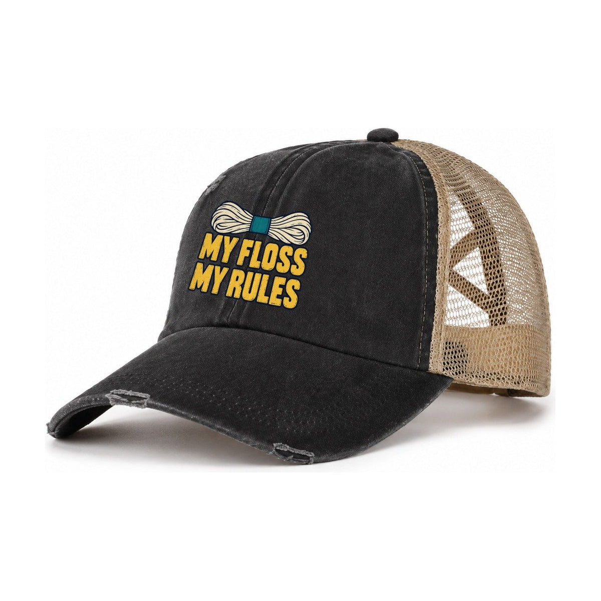 My Floss My Rules Women's Ponytail Trucker Hat – Washed Black Khaki