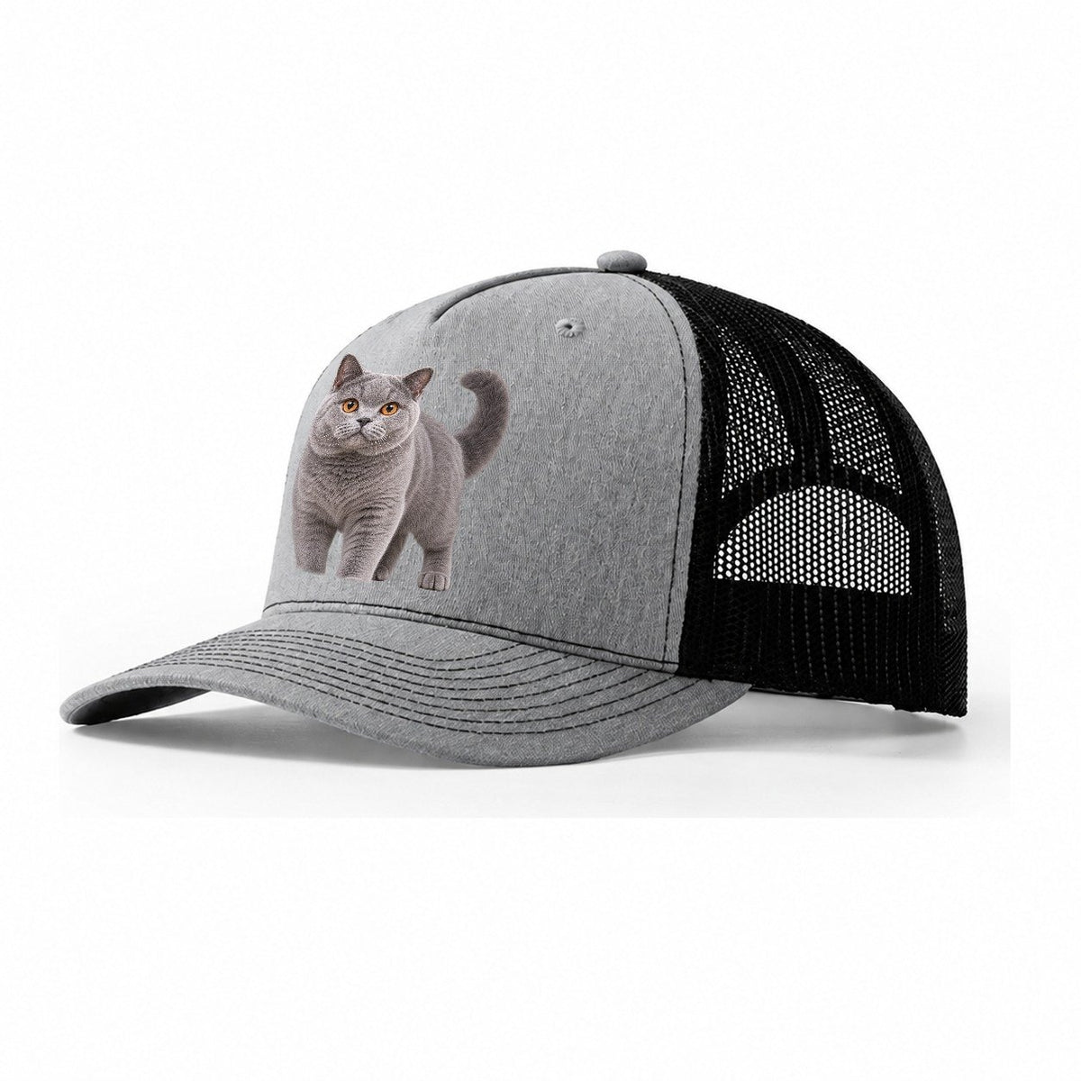 British Shorthair Standing Three Quarter Realistic Cat Portrait Trucker Hat – Sport Grey Black