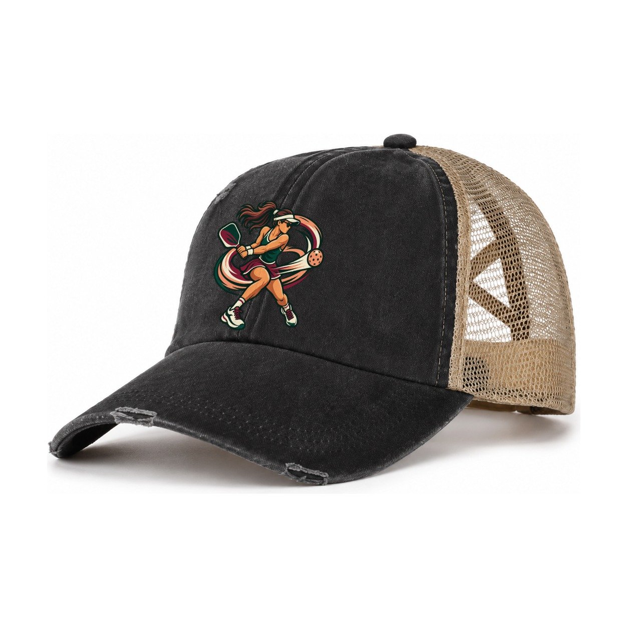 Backhand Winner Pickleball Life Women's Ponytail Trucker Hat – Washed Black Khaki