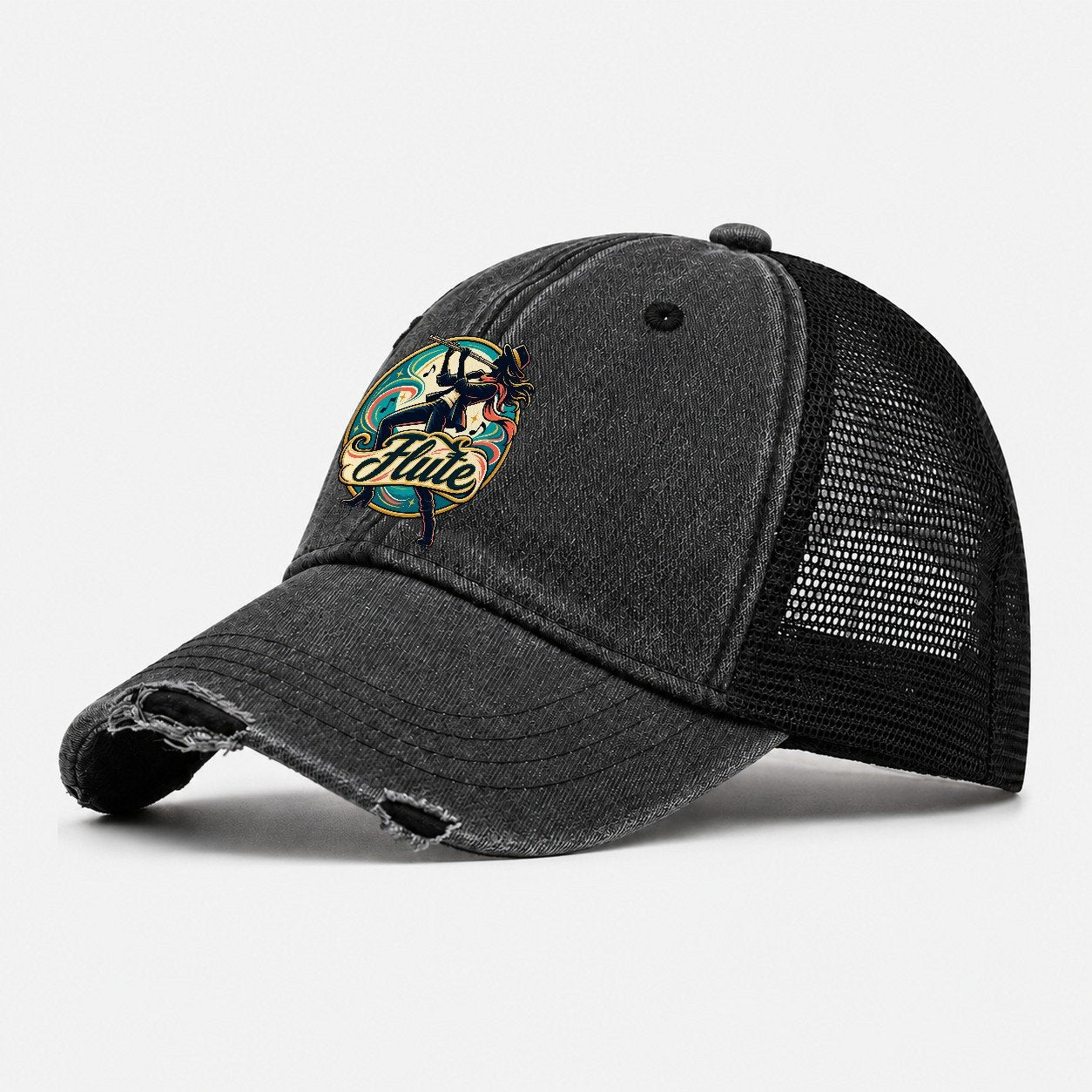 Flute Crest Music Instruments Washed Trucker Hat – Black