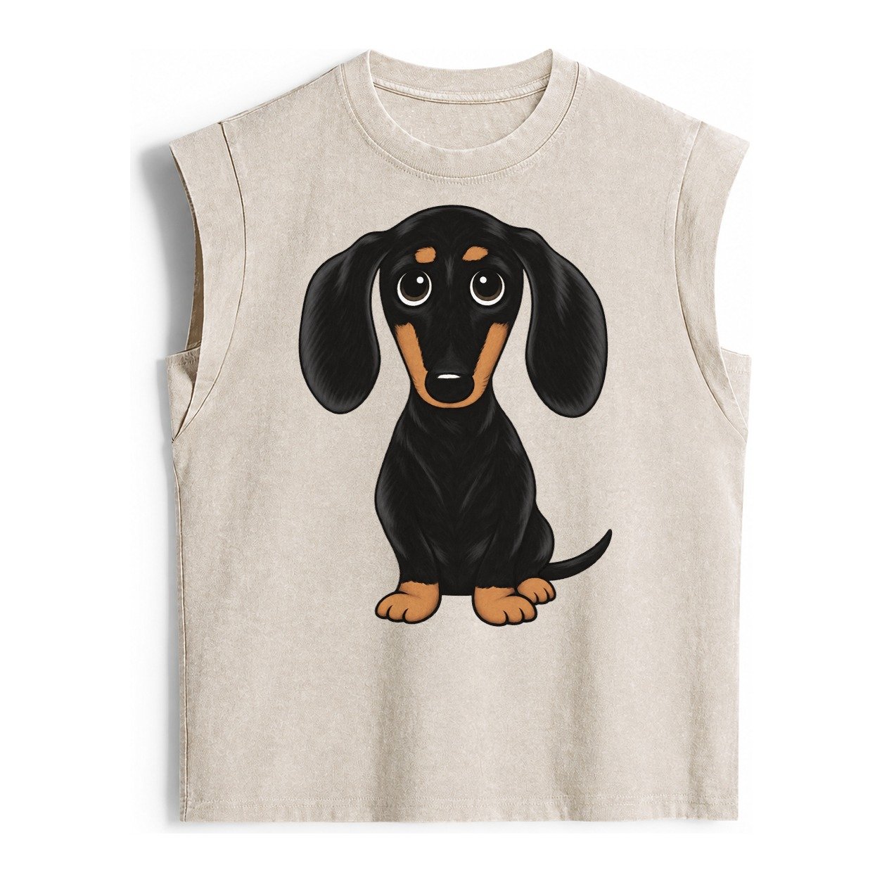 Vintage Style Dachshund Print Vintage Washed Tank – Beige