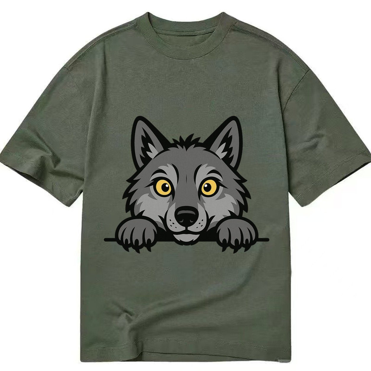 Wolf Intense Yellow Eyes Gray Fur Pointed Ears Powerful Paws Classic T-shirt – Army Green