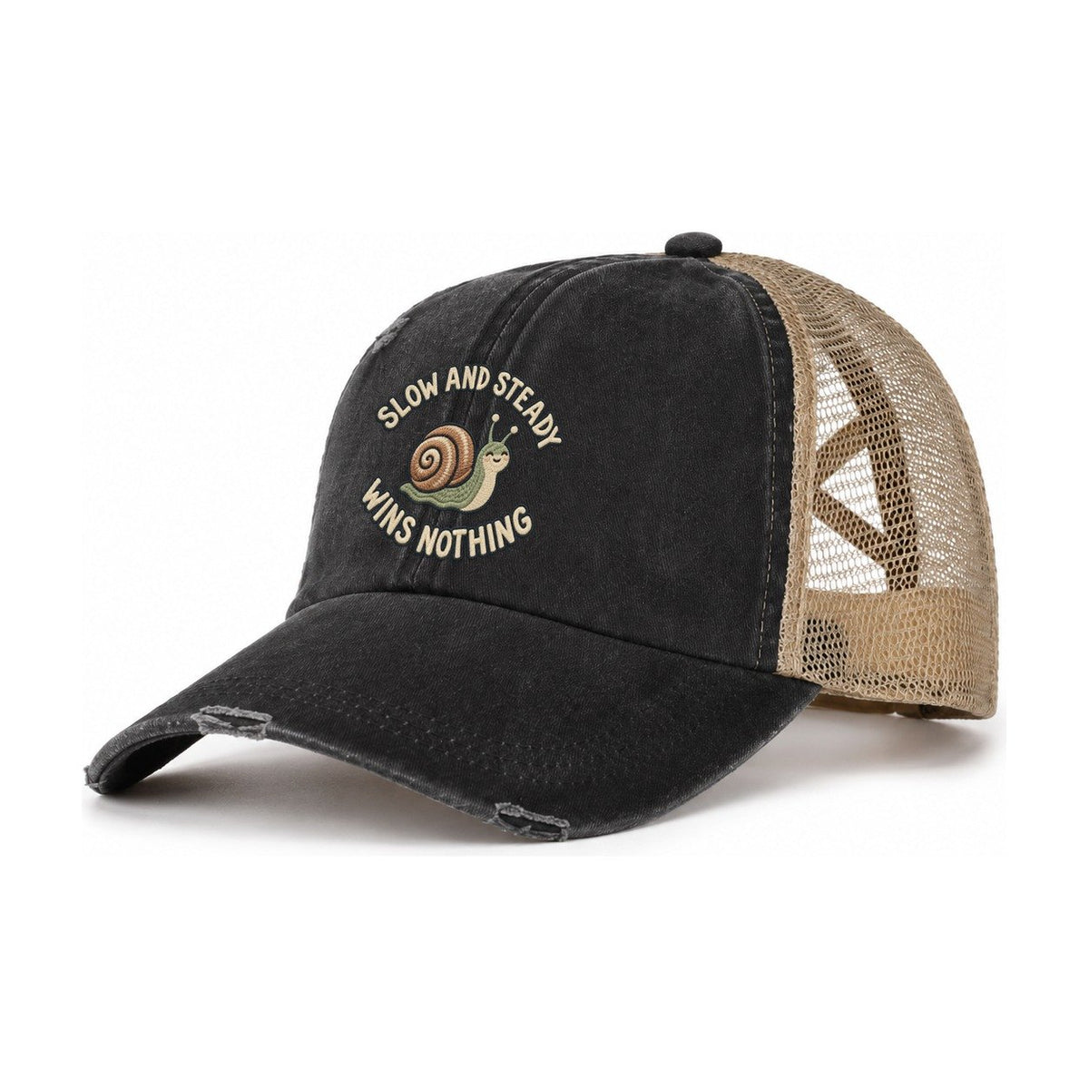 Snail Animal Puns Women's Ponytail Trucker Hat – Washed Black Khaki