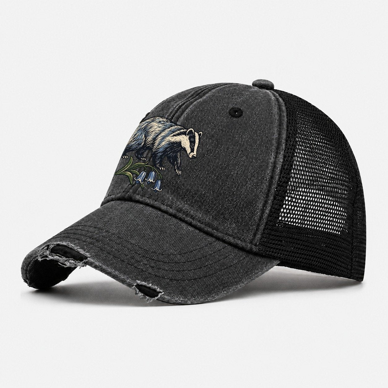 British Badger With Bluebell Sprig Uk Culture Heritage Washed Trucker Hat – Black