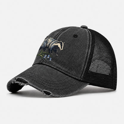 British Badger With Bluebell Sprig Uk Culture Heritage Washed Trucker Hat – Black
