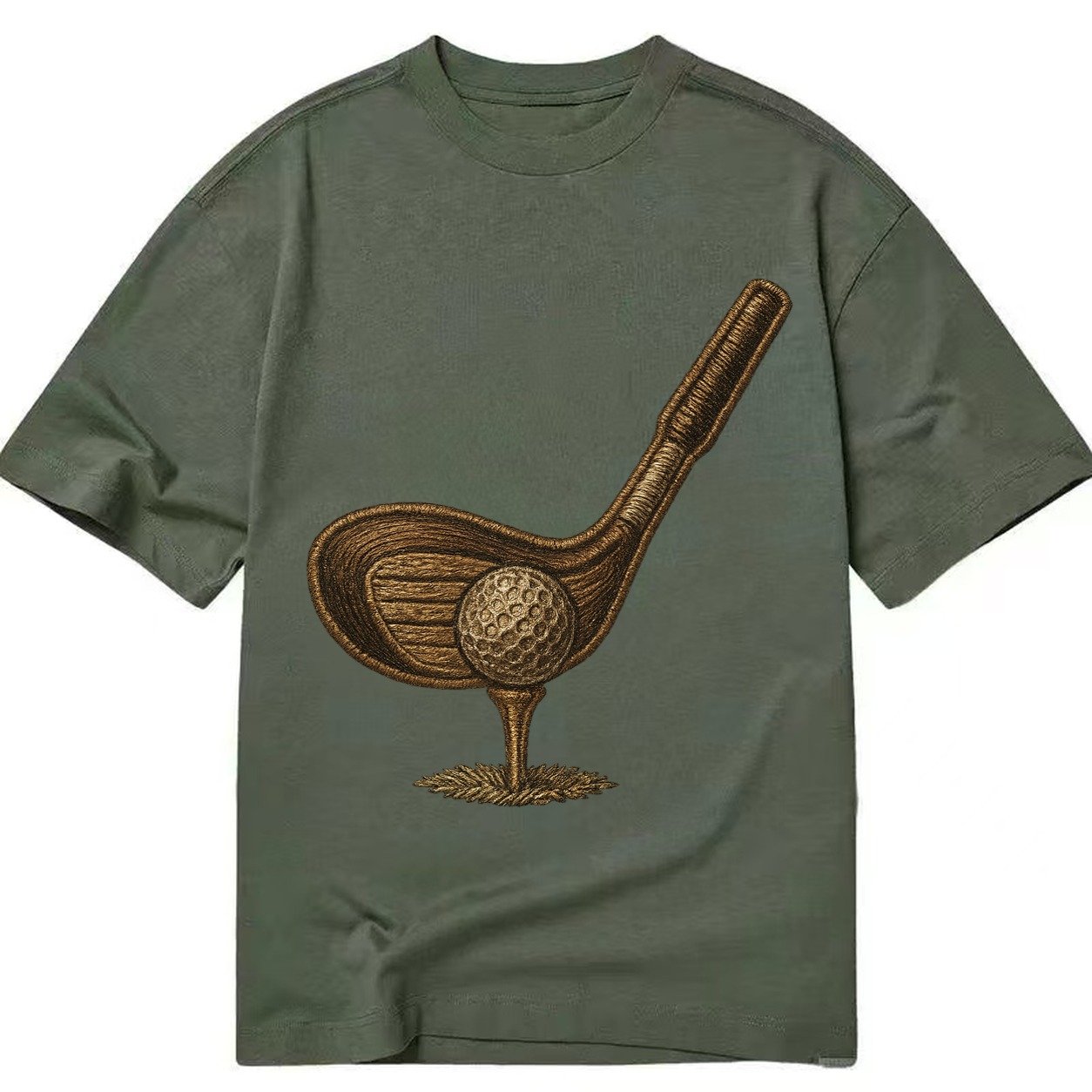Golf Club And Ball Vintage Wood Driver With Dimpled Ball On Classic T-shirt – Army Green