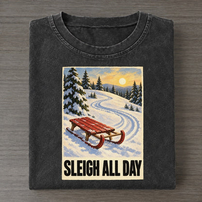 Sleigh All Day Painted Pop Culture Pun Vintage T-shirt – Black