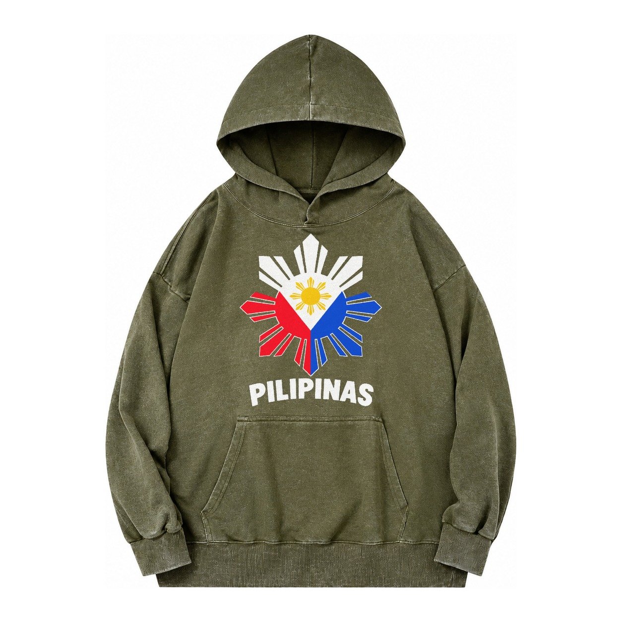 Philippines Sun Stars Vintage Washed Hoodie – Army Green