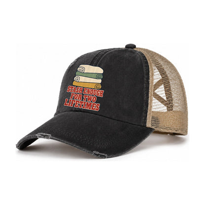 Stash Enough For Two Lifetimes Sewing And Quilting Women's Ponytail Trucker Hat – Washed Black Khaki