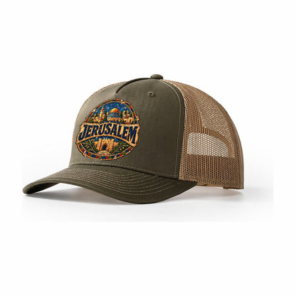 Mosaic Jerusalem Wordmark Jerusalem Trucker Hat – Olive Khaki