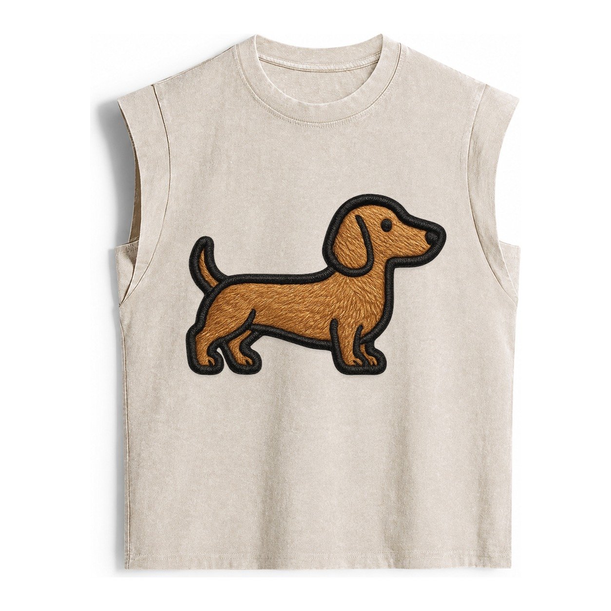 Dachshund Modern Elongated Silhouette Vintage Washed Tank – Beige