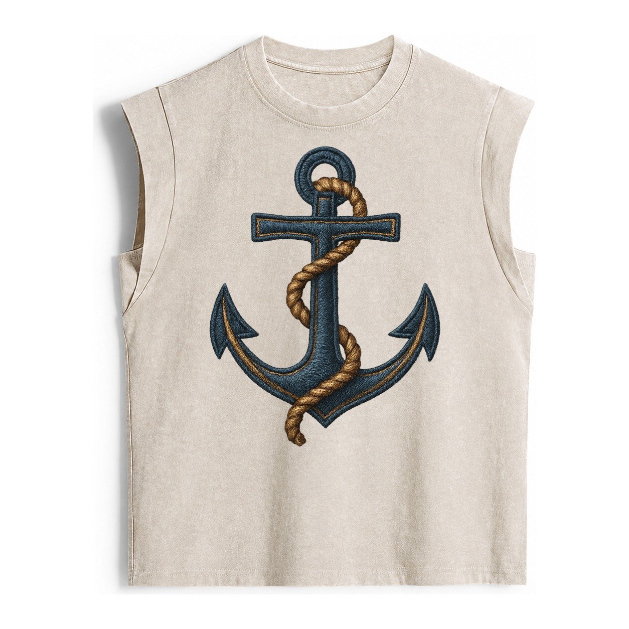 Anchor And Rope Nautical Illustration Vintage Washed Tank – Beige