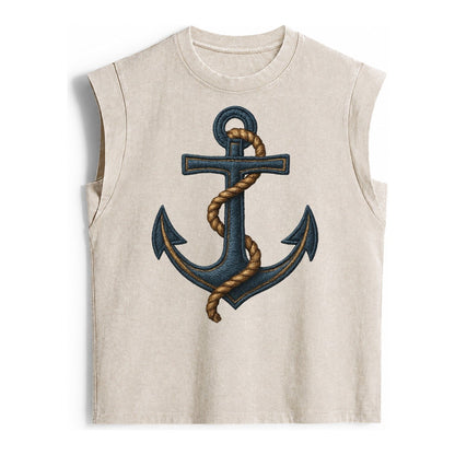 Anchor And Rope Nautical Illustration Vintage Washed Tank – Beige