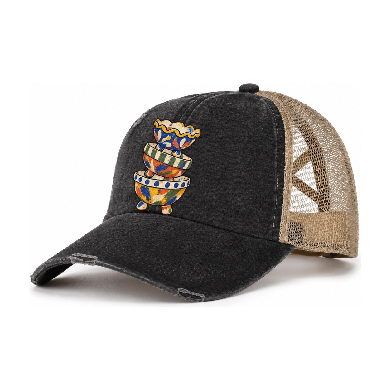 Footed Bowl Stack Clay Color Makers Women's Ponytail Trucker Hat – Washed Black Khaki