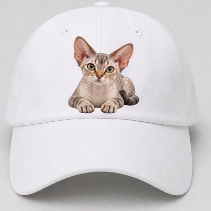Devon Rex Reclining Paws Forward Realistic Cat Portrait Baseball Cap – White