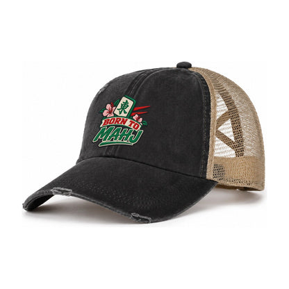 Born To Mahj Mahjong Game Night Women's Ponytail Trucker Hat – Washed Black Khaki