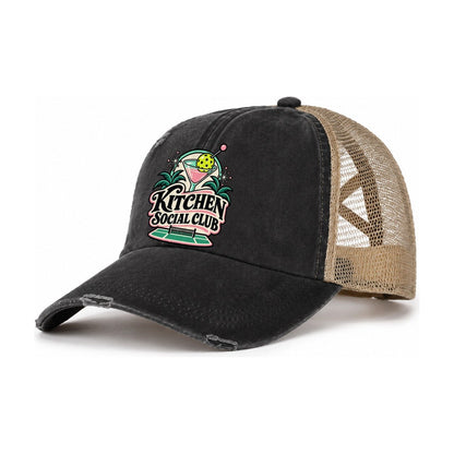 Kitchen Social Club Pickleball Life Women's Ponytail Trucker Hat – Washed Black Khaki