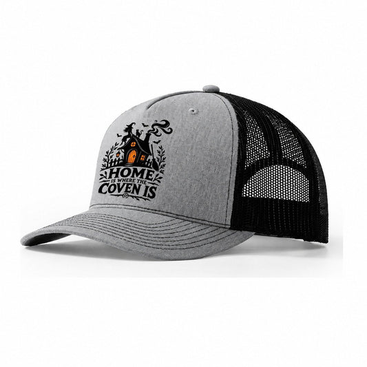 Home Is Where The Coven Is Slogan Witch Magic Trucker Hat – Sport Grey Black