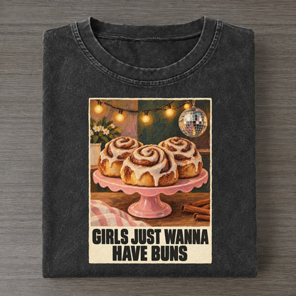 Girls Just Wanna Have Buns Painted Pop Culture Pun Vintage T-shirt – Black